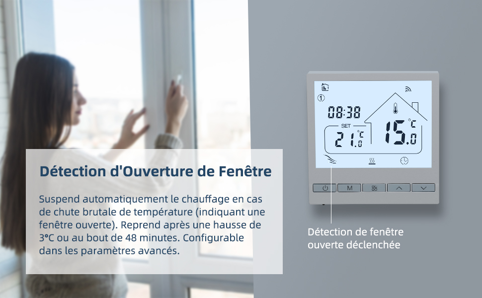 El texto indica 'Detección de apertura de ventana'. Varios paneles muestran un sensor digital de ventana con lecturas de tiempo y temperatura.