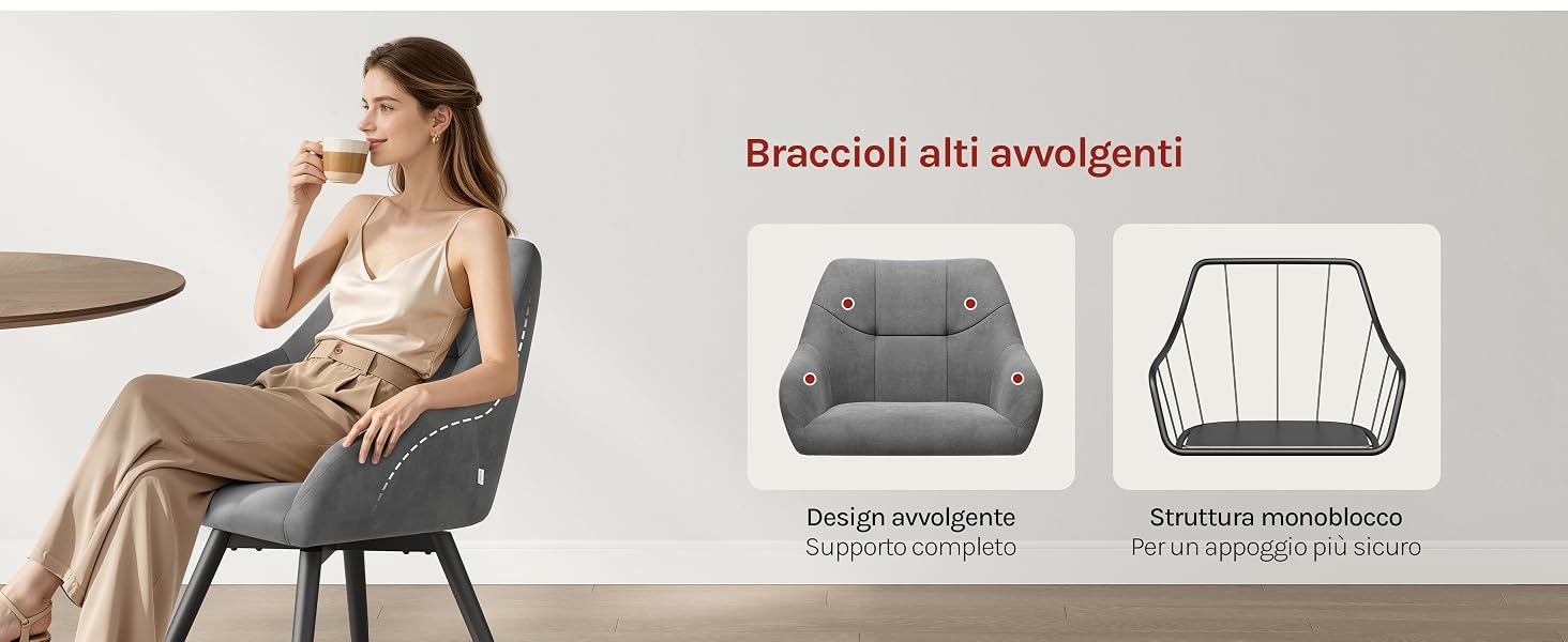 Il testo recita «Bisexual etti evergiganti» con immagini del prodotto che mostrano un mobile imbottito grigio e il design della sedia con struttura in filo metallico su sfondo bianco.