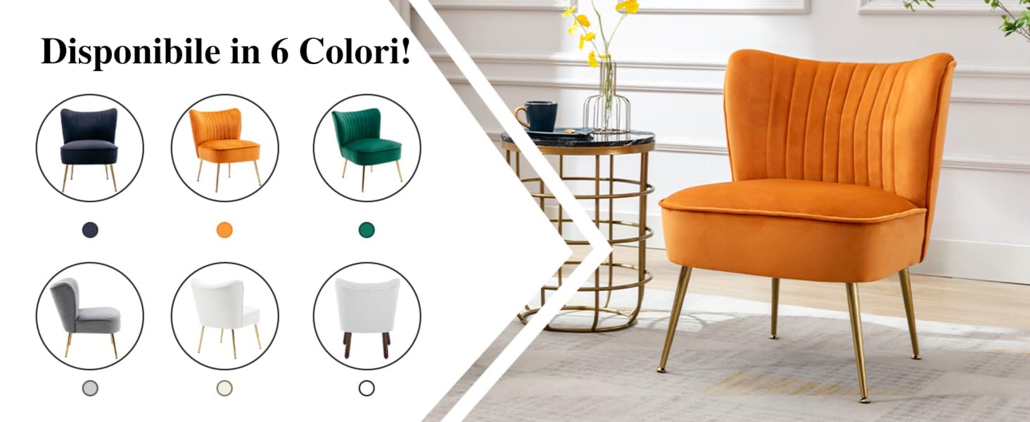 Sedia in velluto arancione con trapuntatura a canale verticale e gambe in metallo dorato. L'immagine mostra la sedia nella stanza e le opzioni di colore tra cui nero, arancione, verde, grigio