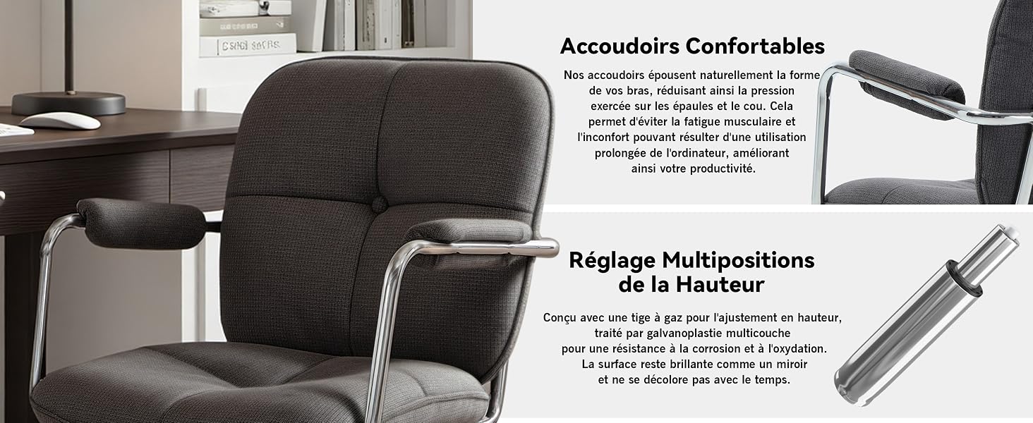 Le texte indique « Accoudoirs confortables » Plusieurs vues d'un canapé inclinable gris moderne avec accoudoirs réglables, montrant différentes positions d'inclinaison et caractéristiques de confort.