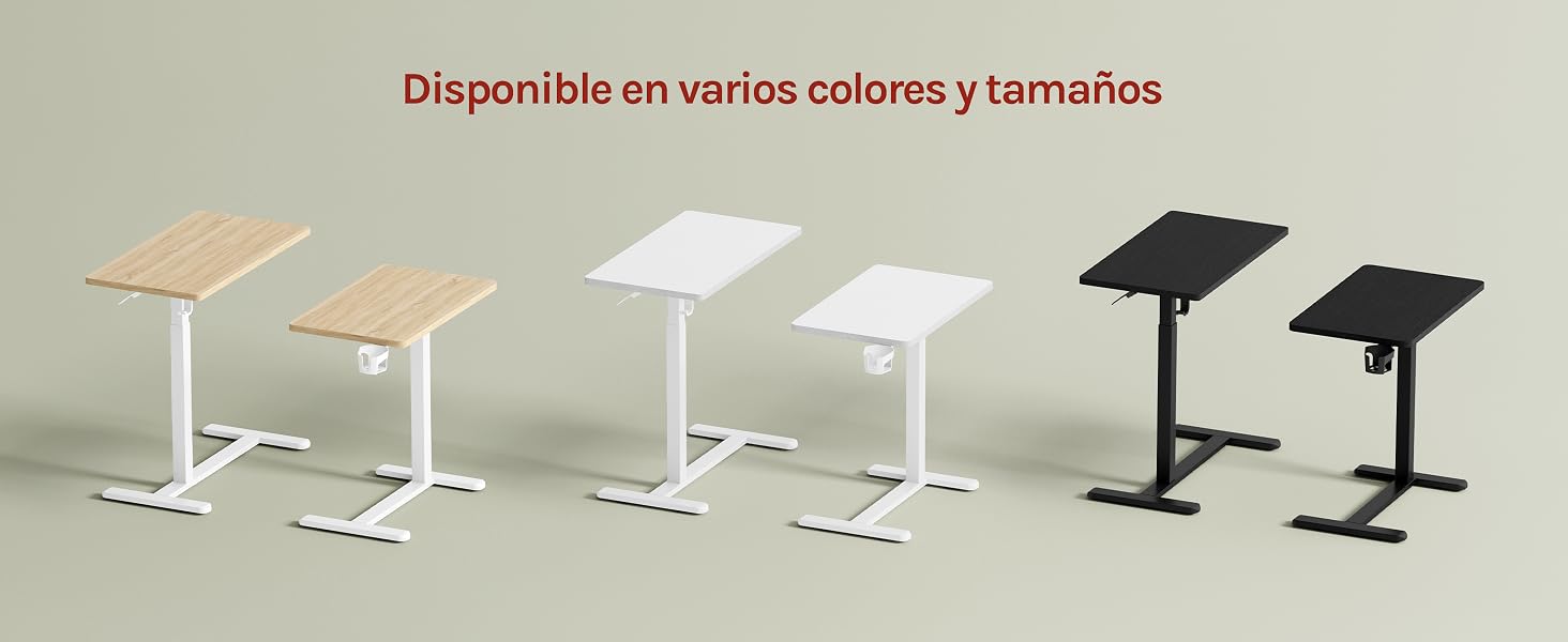 El texto dice «Disponible en varios colores y tamaños». Cuatro bases de mesa minimalistas con acabados en blanco y negro que se muestran en fila, con diferentes variaciones de color y tamaño.