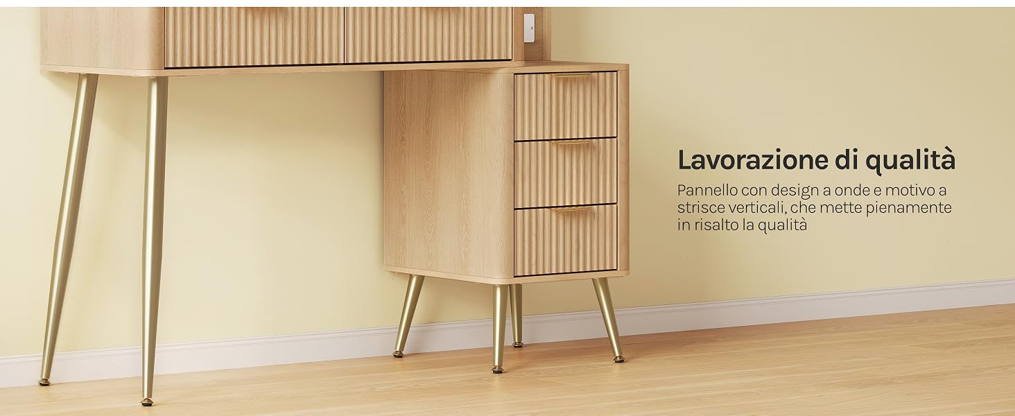 Il testo dice 'Luminosità di qualità' (Luminosità di qualità). Mobili minimalisti in legno - scaffale a scala e sedia pieghevole - esposti contro una parete beige in un ambiente interno scarno.
