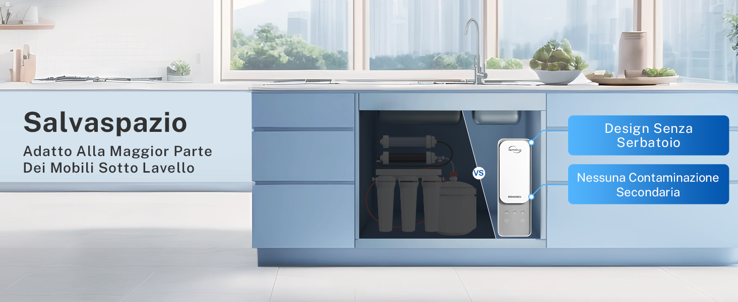 Design moderno dell'armadio da cucina che mostra un contenitore blu con elettrodomestici integrati e un elegante sistema di maniglie etichettato