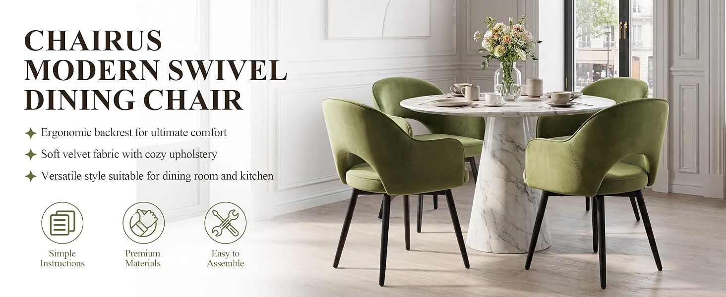 Text reads 'CHAIRU'S MODERN SWIVEL DINING CHAIR'. Green upholstered swivel dining chair with black metal legs shown in dining room setting with table and flowers.