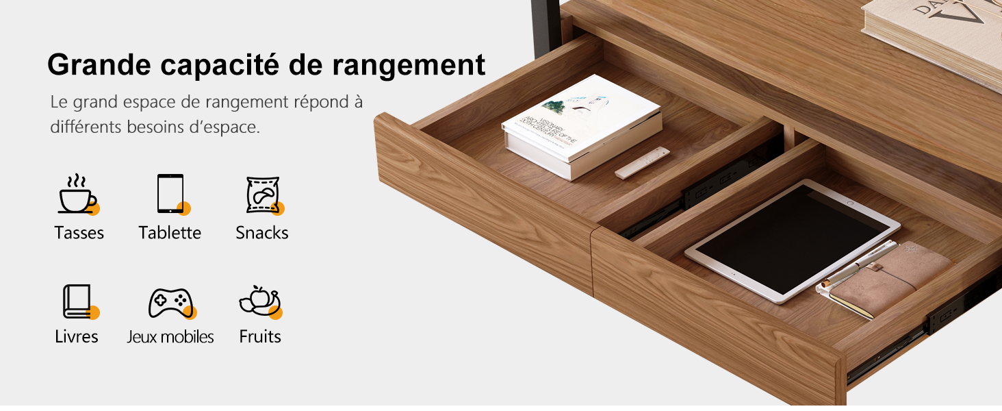 Le texte indique « Grande capacité de rangement ». Organiseur de bureau en bois avec plusieurs compartiments permettant de ranger les téléphones, les câbles et autres articles. Dispose d'une finition en grain de bois propre.