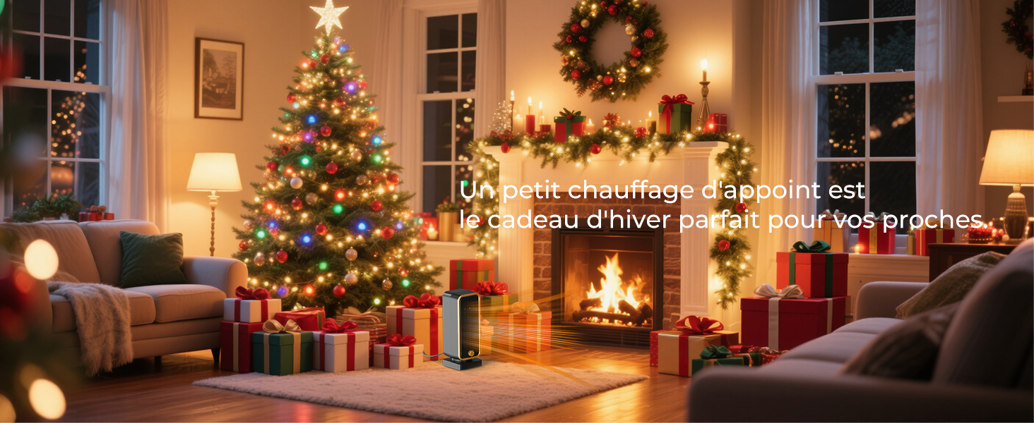 Un confortevole soggiorno decorato per Natale con un albero illuminato, regali incartati e un camino che crea una luce calda e ambientale.