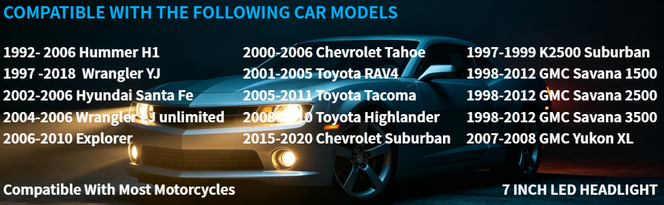 Text reads "COMPATIBLE WITH THE FOLLOWING CAR MODELS:" followed by extensive list of vehicle makes and years including Hyundai, Chevrolet, and GMC models with specific year ranges.