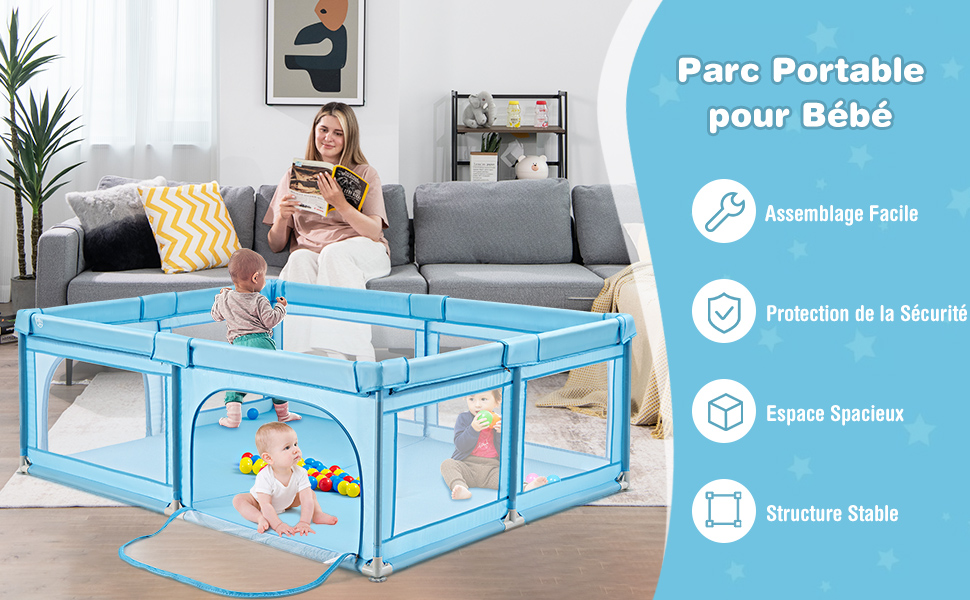 COSTWAY Parc Bébé Pliable 205x147 Cm Avec 50 Balles - Filet Respirant Poissons Gris