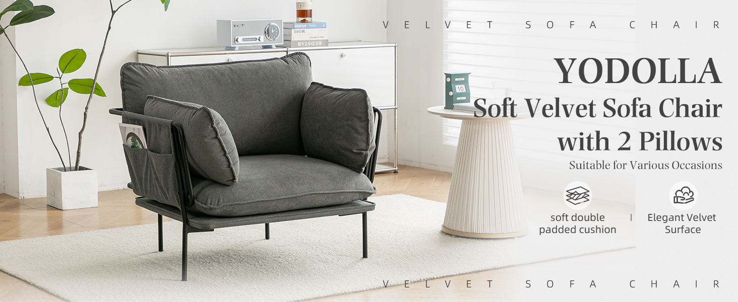 Text reads 'Soft Velvet Sofa Chair with 2 Pillows' and 'YODOLLA'. Modern gray sofa displayed in living room setting with minimalist design and included throw pillows.
