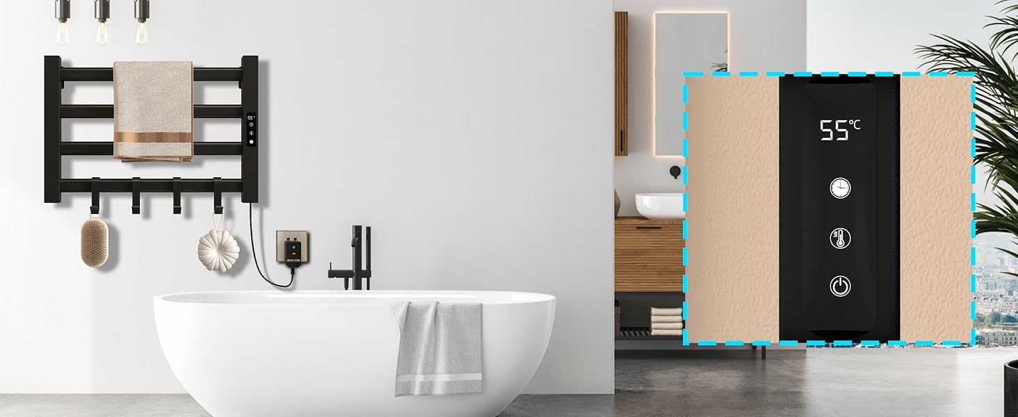 Badezimmereinrichtung mit weißer Badewanne, schwarzem Handtuchhalter und einer Digitalanzeige mit einer Temperatur von 55°. Modernes minimalistisches Design mit einer Pflanze.