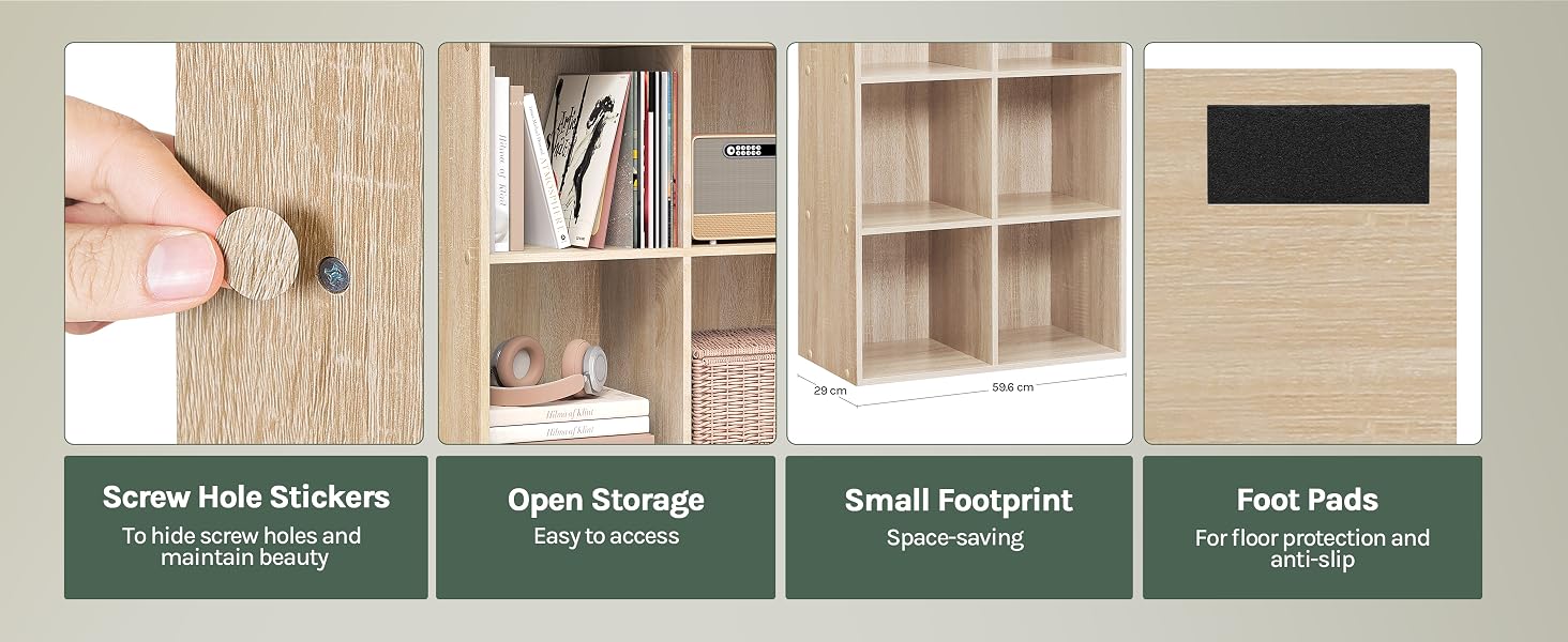 Wooden storage unit features showing assembly details: screw-in stickers, open storage compartments, compact design, and protective foot pads.
