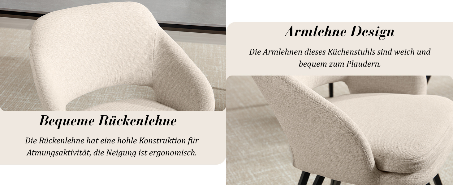 Der Text lautet „Armlehne Design“ und „Bequeme Rückenlehne“. Produktfotos in Nahaufnahme, die das beigefarbene, strukturierte Stuhlmaterial und die Designdetails zeigen.