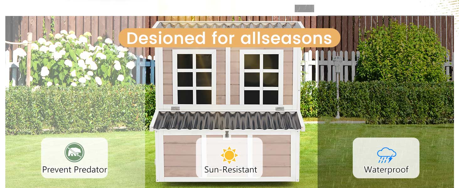 Text reads 'Designed for allousooms'. Image shows garden house with white windows, flanked by three product icons labeled with brand names, set against green garden background.
