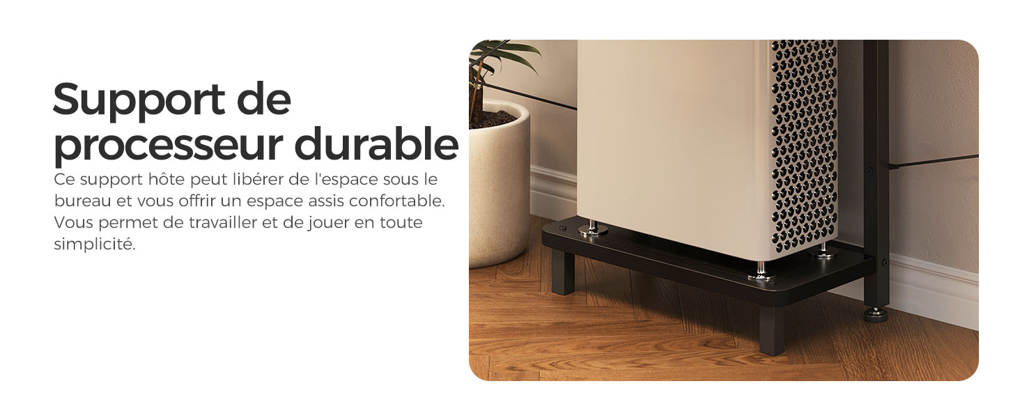Support en métal noir pour meubles, offrant stabilité et protection du sol. Visible sous une armoire de couleur claire sur du parquet