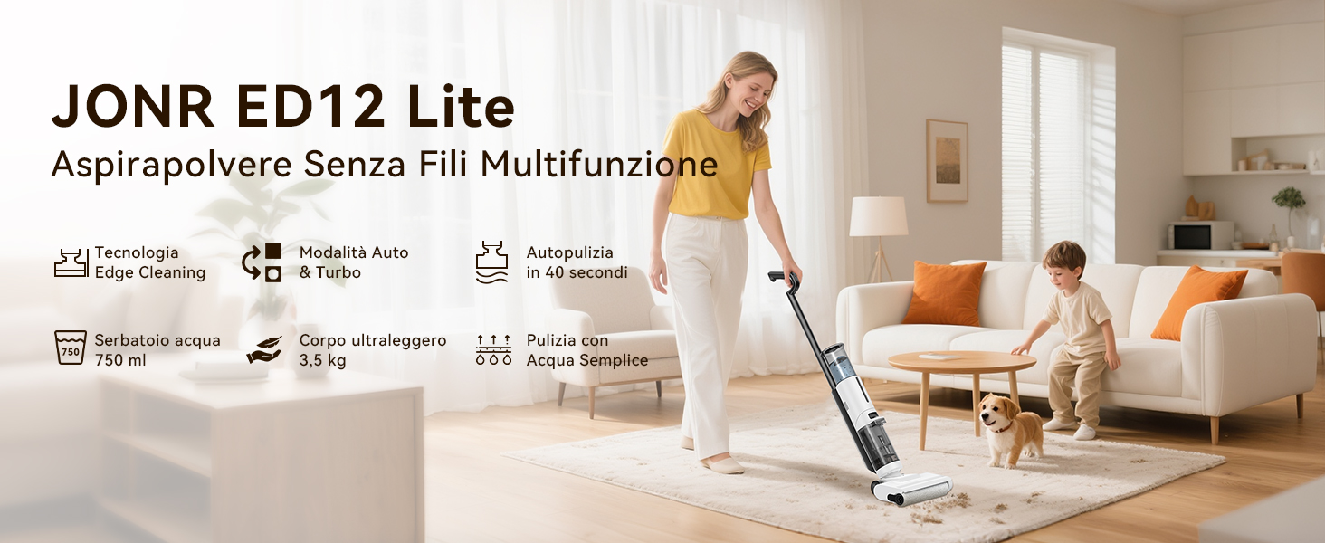 JONR ED12 Lite in uso sul tappeto. Le caratteristiche includono 45 minuti di autonomia, 2,5 kg di peso e funzionalità multifunzionali per varie