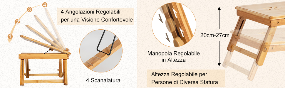 COSTWAY Vassoio per Laptop in Bambù con Gambe Regolabili e Piano di  Dissipazione Termica Inclinabile, Tavolino