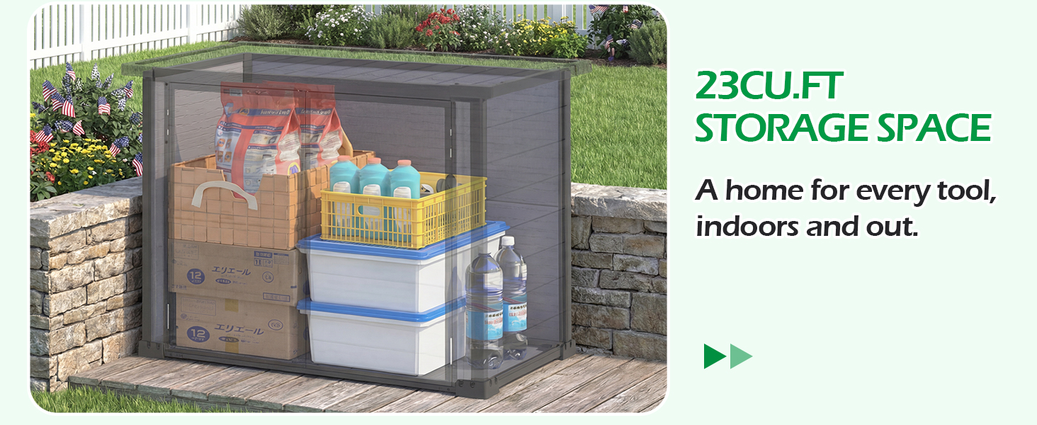 Text reads '23CU.FT STORAGE SPACE' and 'A home for every tool, indoors and out.' Shows outdoor garden storage shed or greenhouse structure.