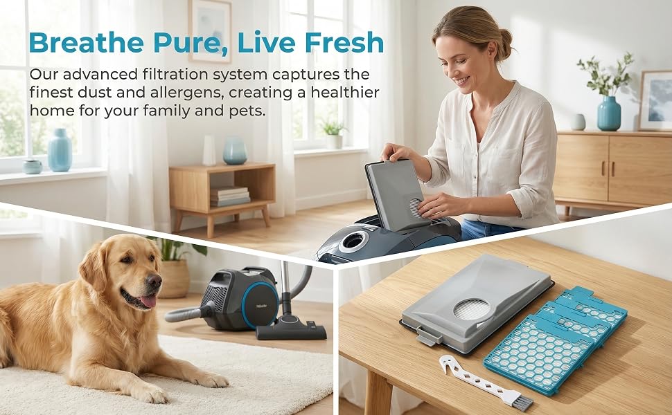 Le texte indique « Breathe Pure, Live Fresh ». Publicité montrant un système de purification de l'air avec une personne assise à un bureau et un golden retriever allongé à proximité. Les composants du produit et le filtre sont visibles sur le bureau.