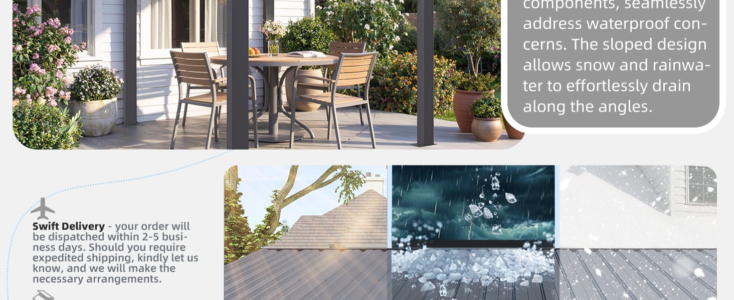 Outdoor furniture and accessories collection showing patio seating arrangement with accompanying detail images of weather-resistant textiles and durability features.
