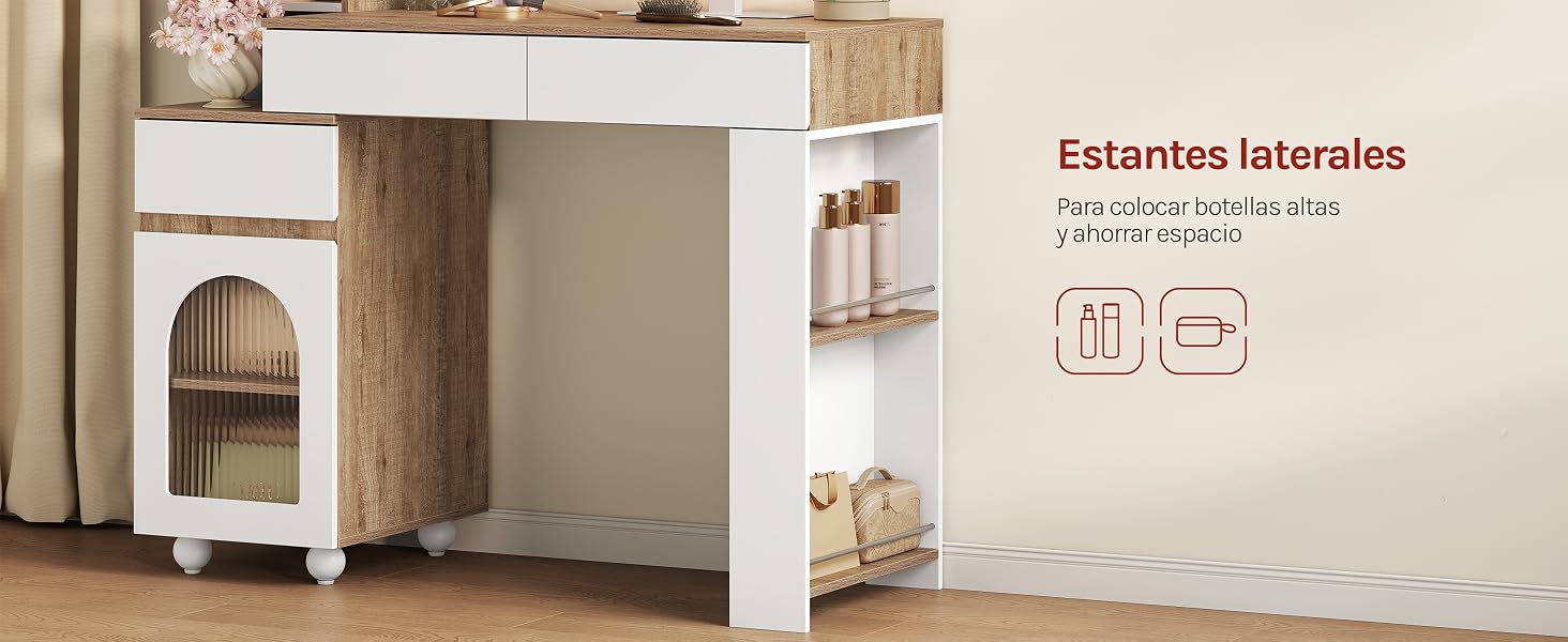 El texto dice «Estantes laborales» con iconos de uso. Mueble de madera con estantería blanca con diseño de puerta arqueada e indicadores de capacidad de almacenamiento.