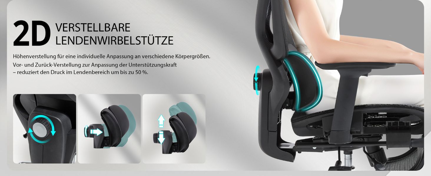 Der Text lautet „2D VERSTELLBARE LENDENWIRBELSTÜTZE“. Produktdemonstration, die den verstellbaren Lendenwirbelstützmechanismus mit verschiedenen Blickwinkeln und Einstellpositionen zeigt.