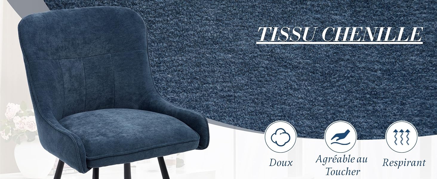 Le texte se lit comme suit : « TISSU CHENILLE ». Vitrine de produits de meuble rembourré bleu marine avec texture en tissu chenille.