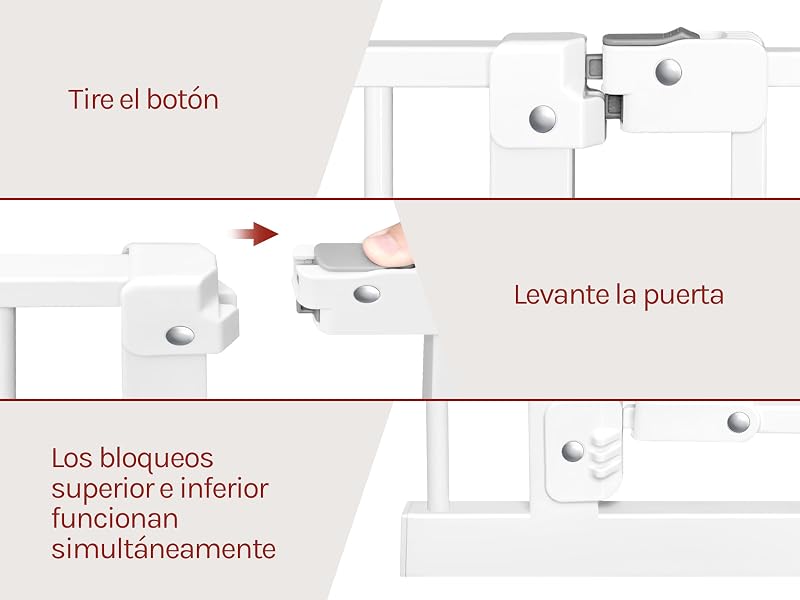 El texto dice «Tire el botón», «Levante la puerta», «Los bloqueos», «superior e inferior funcionan simultáneamento». Diagrama de instrucciones técnicas que muestra los pasos del mecanismo de la puerta.