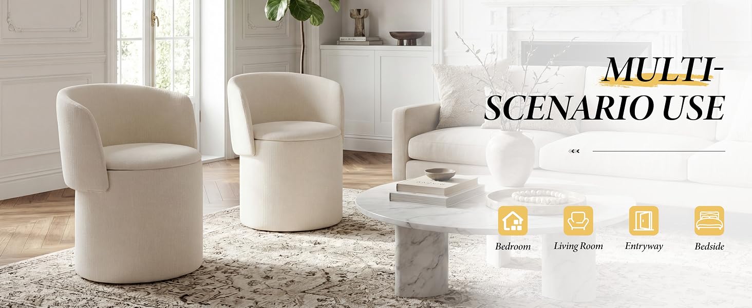 Text reads 'MULTI-SCENARIO USE' with icons for 'Browse', 'Hangout', 'Elegant', and 'Style'. Modern living room featuring white upholstered swivel chairs and ottoman arranged on light carpet.
