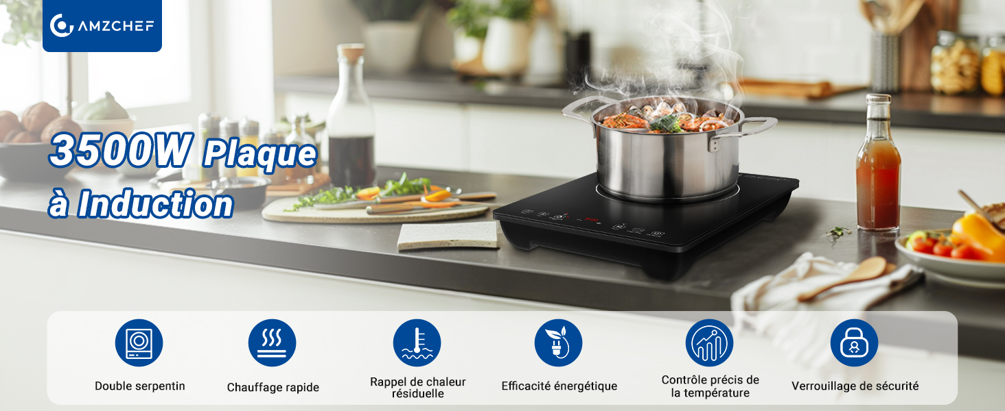 Table de cuisson à induction installée sur le plan de travail de la cuisine, avec la marmite et les icônes de l'interface pour les différentes fonctions de cuisson ci-dessous
