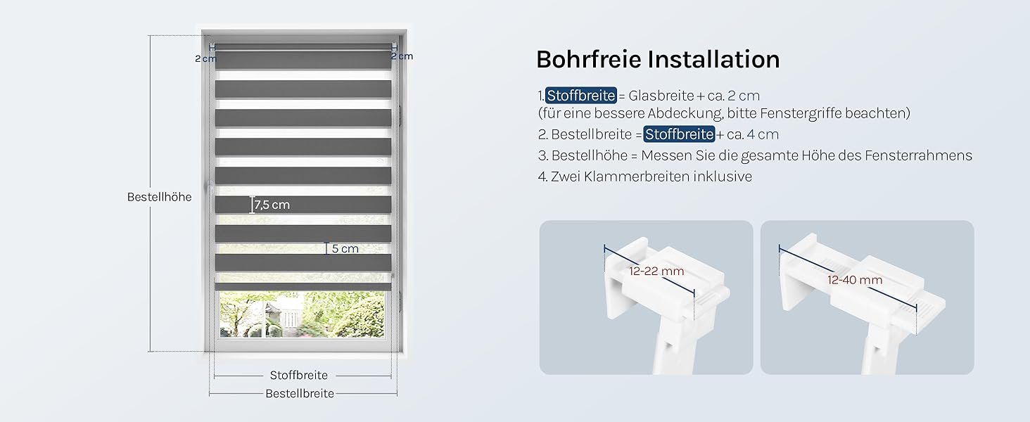 Le texte se lit comme suit : « Installation Behrinside ». Présentoir du produit montrant les stores et les stores en position fermée avec les schémas d'instructions de mesure et d'installation ci-dessous contenant les spécifications techniques et les détails de montage.