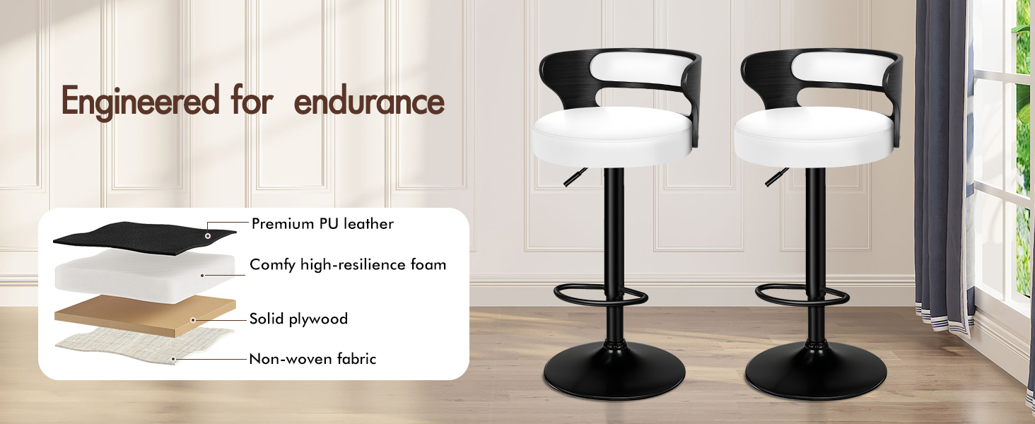 Text reads 'Engineered for endurance'. Two modern black adjustable bar stools with footrests shown against white wall, with product features diagram.