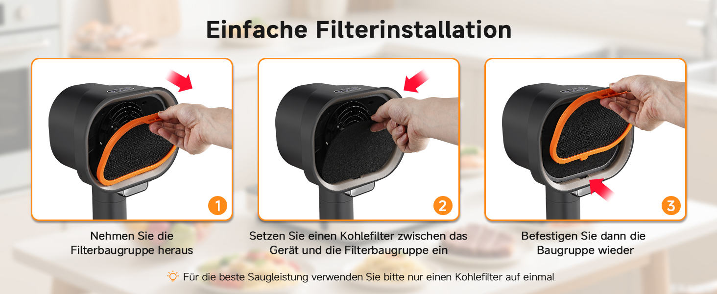 Der Text lautet „Einfache Filterinstallation“. Die Installationsanleitung zeigt Schritt für Schritt, wie Hände eine schwarze Filterkomponente montieren.