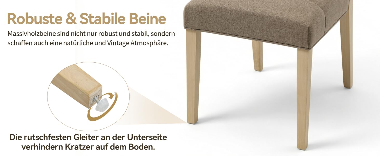 Der Text lautet „Robuste &amp; Stabile Beine“. Mehrere Bilder zeigen Tischbeine aus Holz oder Möbelstützen in heller Holzoptik.