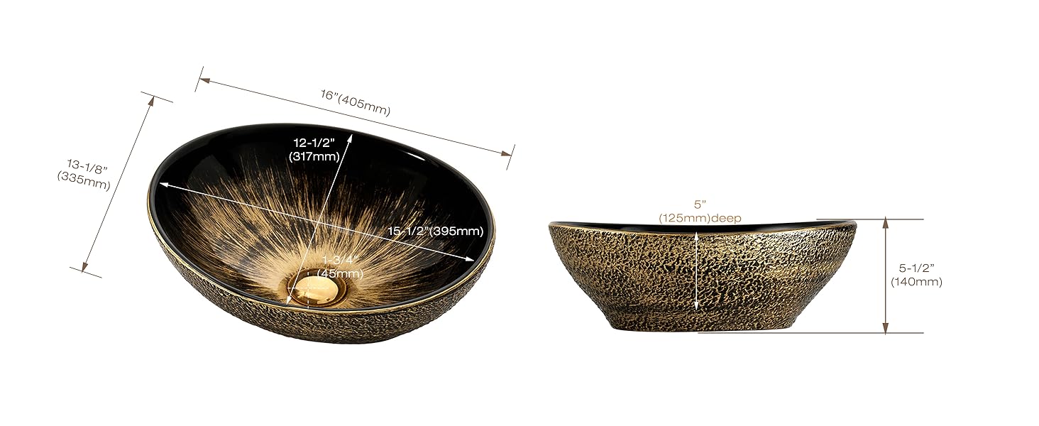 Lavabo decorativo con superficie bronce‑dorada texturizada, vista superior y lateral con dimensiones.