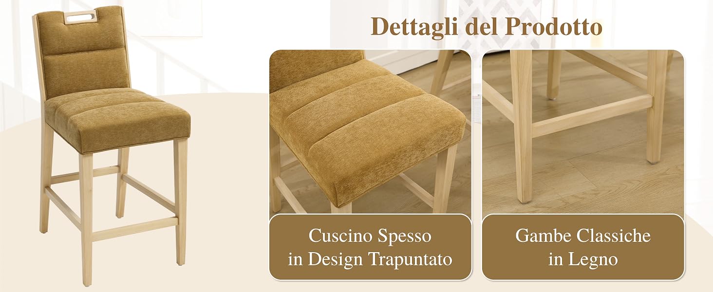 Serie di immagini che mostrano sedie da pranzo imbottite color marrone chiaro con telai in legno da diverse angolazioni, che mostrano dettagli costruttivi e di design.