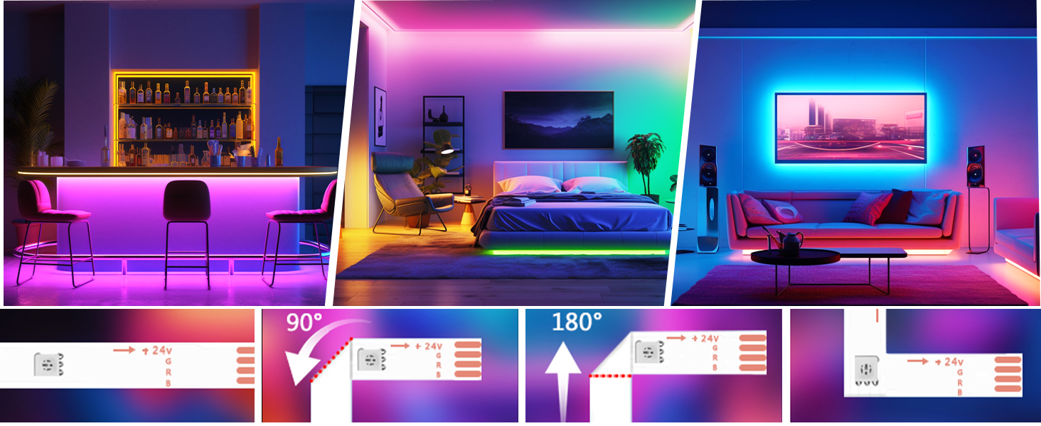 Composite montrant trois configurations de pièces éclairées au néon avec un éclairage d'ambiance RGB comprenant des bureaux, des écrans et des équipements dans des combinaisons de couleurs rose, violet et bleu.