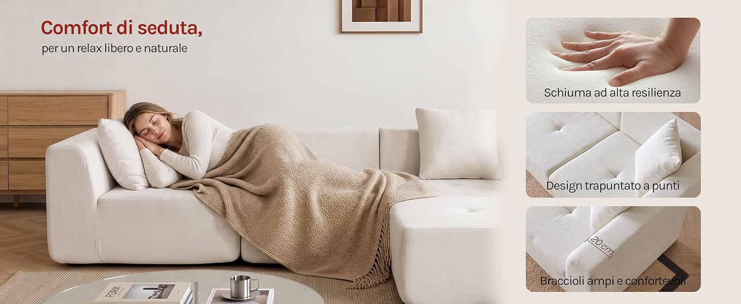 Il testo recita «Comfort di seduta» e «per un'Max Mara versatile». Donna sdraiata su sedute imbottite beige con cuscini. Tre fotografie dettagliate mostrano primi piani della trama del tessuto, delle cuciture e della qualità costruttiva.