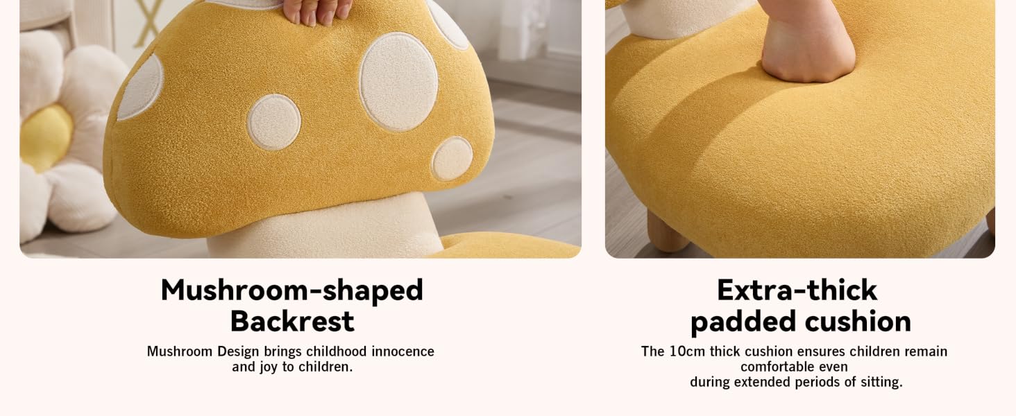 Text reads 'Mushroom-shaped', 'Extra-thick', 'Backrest', 'padded cushion'. Series of images showing yellow cushioned seat padding material from different angles.
