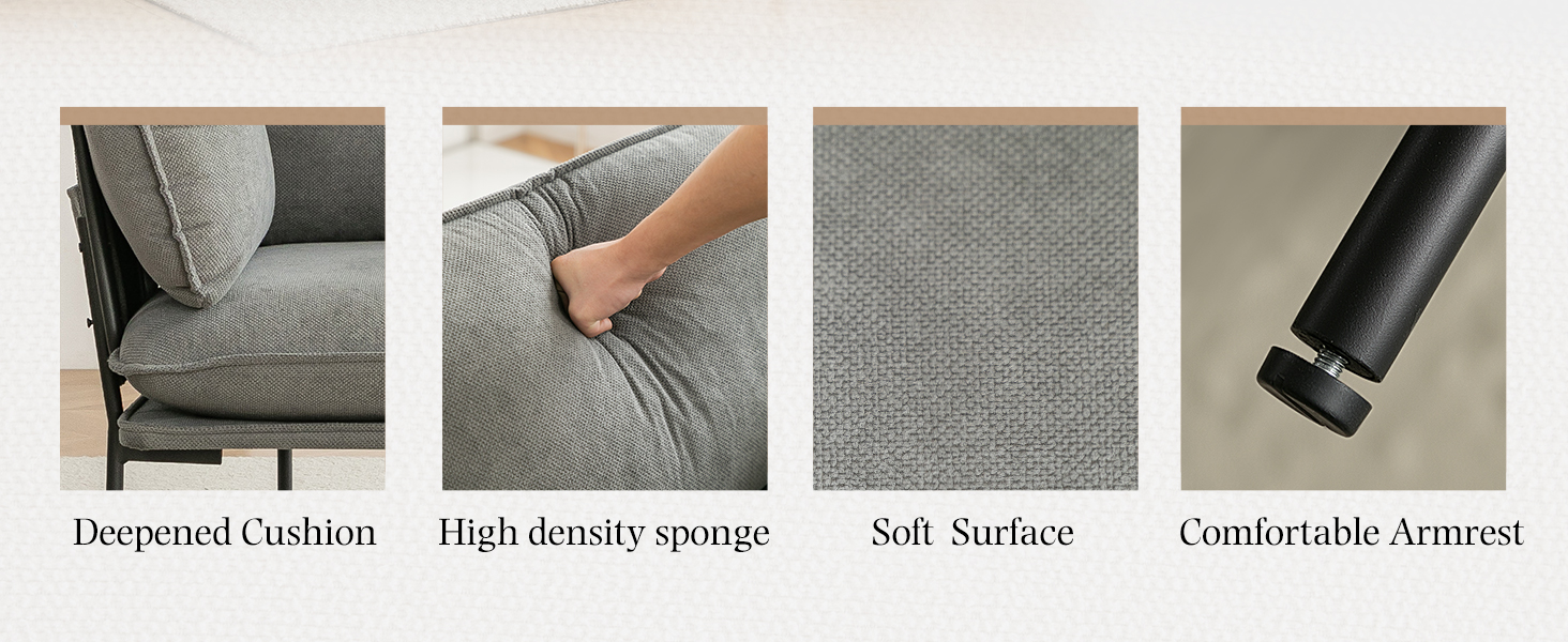 Text reads 'Deepened Cushion, High density sponge, Soft Surface, Comfortable Armrest'. Series of close-up photos showing gray fabric furniture details.
