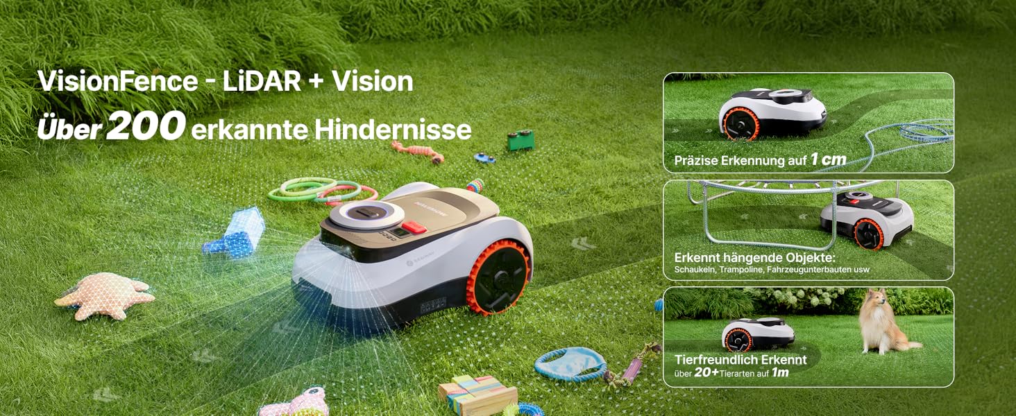 Der Text lautet „Vinylpiece - LAND + Vision“ und „Über 200 rationale Einstellmöglichkeiten“. Illustration im Cartoonstil, die Dinosaurier und Fahrzeuge in einer grünen Landschaft zeigt.