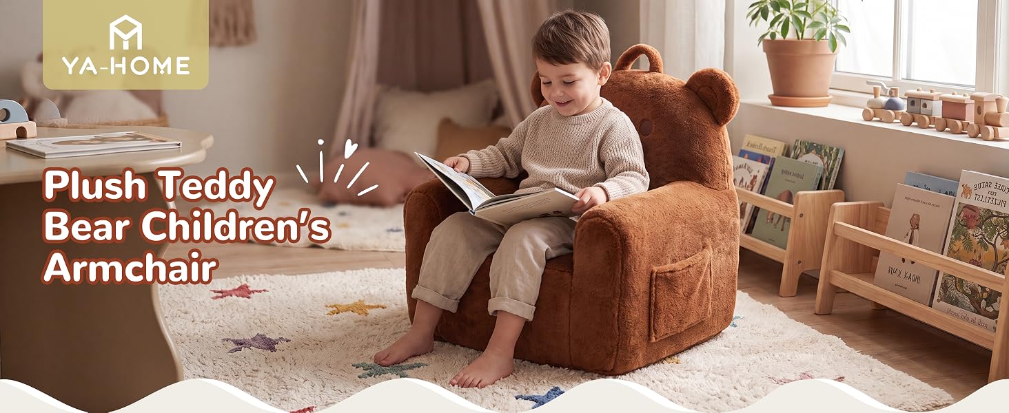 Text reads 'YA HOME', 'Plush Teddy Bear Children's Armchair'. Brown furry children's armchair with teddy bear design in home setting with toy blocks and decor.