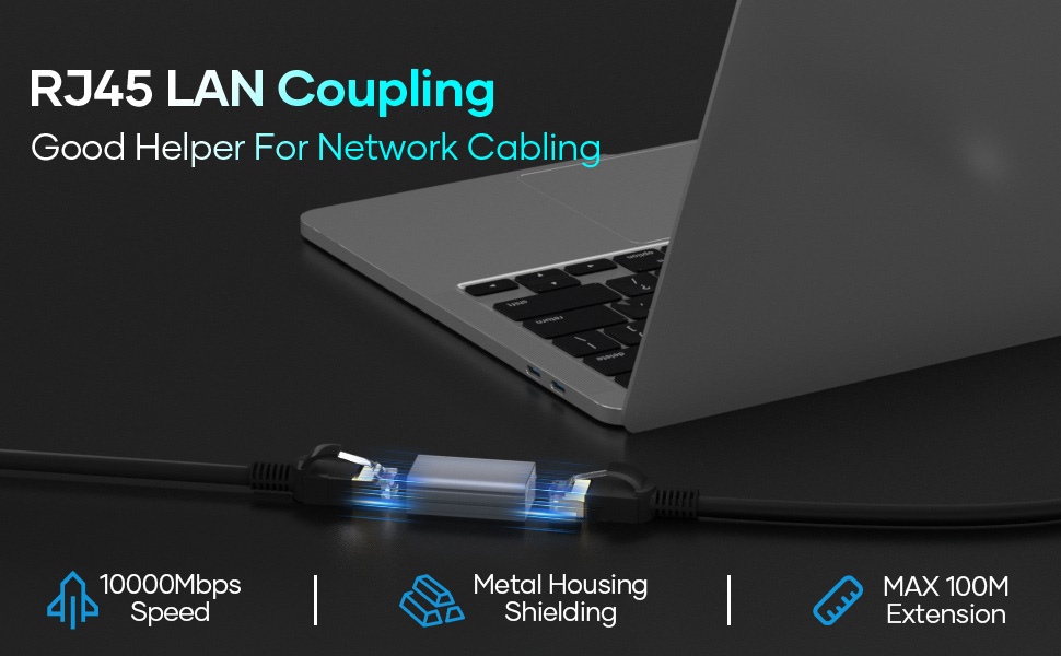 RJ45 LAN coupling device for network cabling, featuring 10000Mbps speed, metal housing shielding, and maximum 100M extension. Shown connected to a laptop.