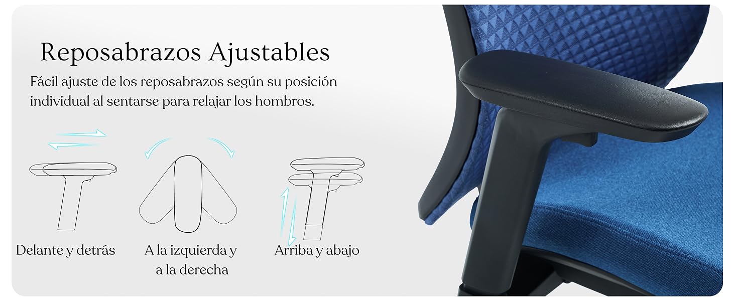 El texto dice «Reposabrazos Ajustables». Imágenes detalladas del producto que muestran los componentes ajustables de los reposabrazos en colores azul y negro.