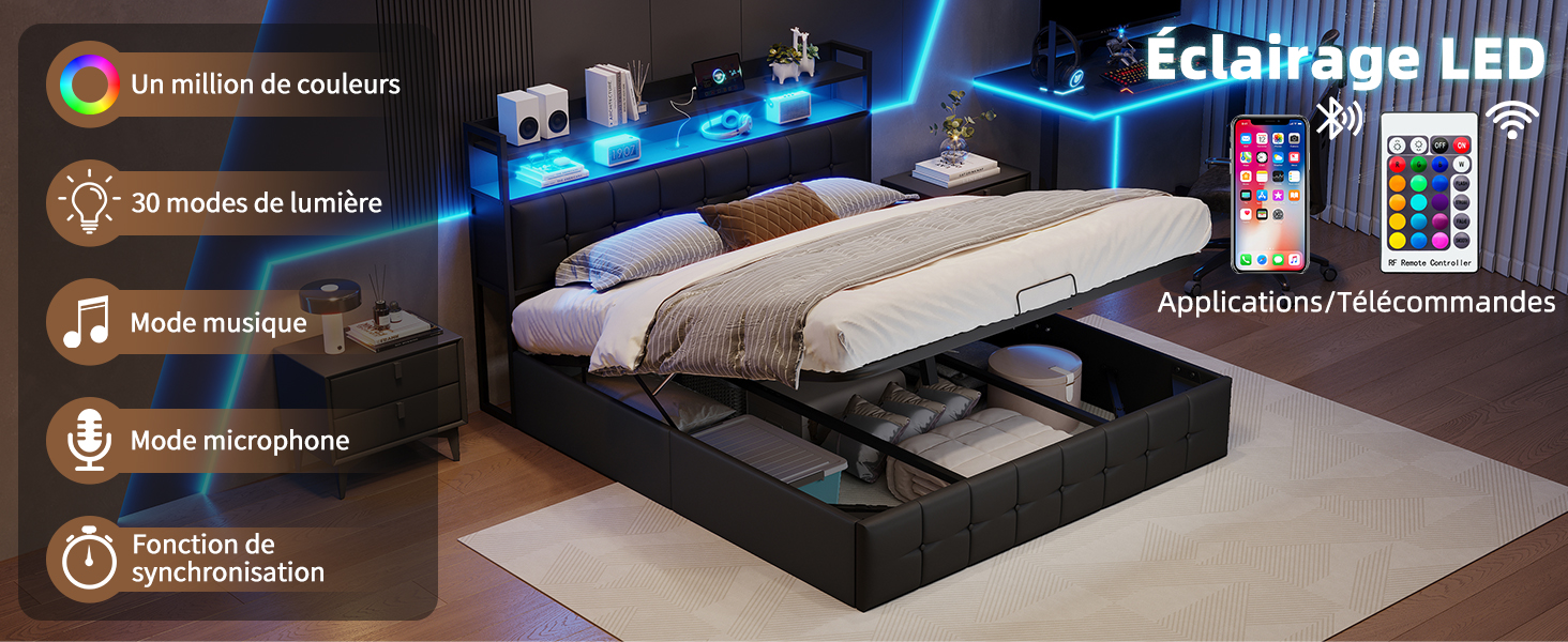 Configuration d'éclairage LED montrant plusieurs vues de l'installation d'un éclairage d'accentuation bleu avec fonctions de commande. L'écran présente les différents modes et réglages d'éclairage.