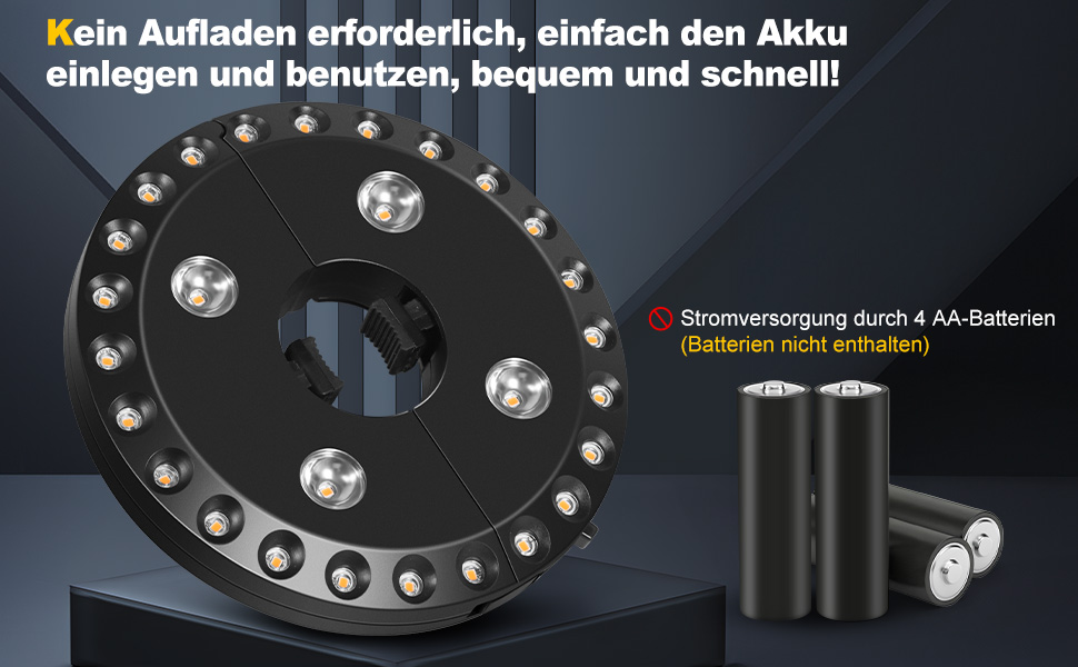 Appareil circulaire noir avec voyants LED et compartiment à piles, montrant l'installation d'une pile AA. Le texte allemand indique qu'aucune recharge n'est requise.