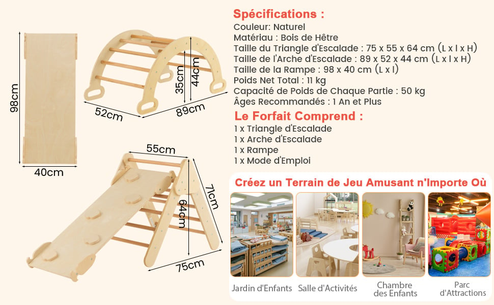 Triangle Arche Montessori d'escalade avec Toboggan Bois GOPLUS