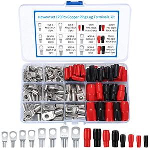 Assortment of electrical connectors in a plastic organizer box. Contains various sizes of ring terminals, spade terminals, and insulated boots in red and black.