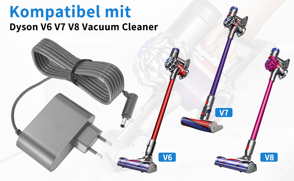 comprenant un adaptateur secteur avec cordon et trois variantes d'aspirateur-balai colorées en rouge, violet et