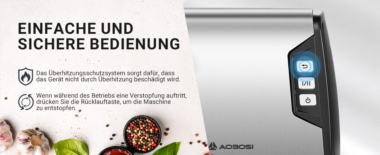 Produktschnittstelle mit deutschem Text 'Einfache und Sichere Bedienung' und Fernbedienungssymbolen auf grauem