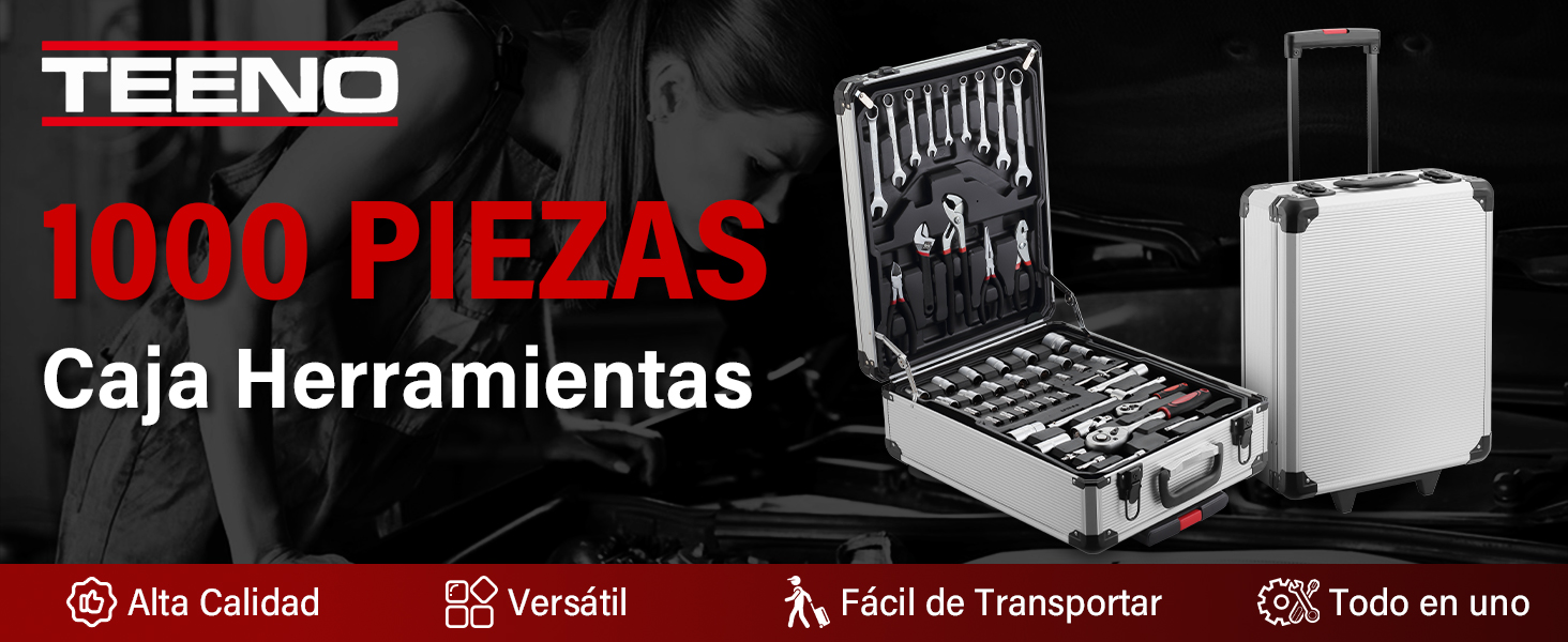 El texto dice «TEENO», «1000 PIEZAS», «Caja Herramientas». El banner de la lista de productos muestra el kit de herramientas con los iconos «Alta calidad», «Vendid», «Fácil de transportar» y «Todo en uno».